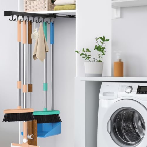 Pull Out Broom Holder With Adjustable Double Row Sliding Hook, Multifunctional Slide Broom And Mop Storage/Organizer Garage Organization Hooks, for Closet Laundry Garage Cupboard - 46cm/18.11inch