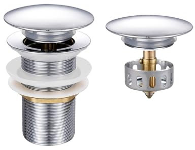 TODOT Bonde de Lavabo Pop-up, Bonde Lavabo Salle de Bain avec Panier Filtrant, Vidage Clapet Push Open Pour Lavabo, Chromé G 1 ¼ (Chromé sans Trop-plein avec Panier L)