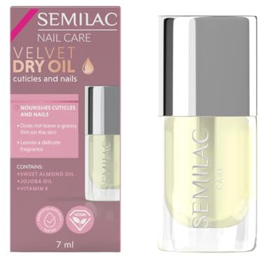 Semilac Velvet Dry Oil - Aceite seco nutritivo para cutículas y uñas con aceite de almendras y vitamina E, vegano, 7 ml