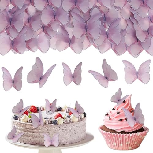 NJCXOLA 48 pezzi Farfalle commestibili, decorazioni torta compleanno, farfalle decorative torta, cupcake commestibili, farfalle commestibili per torte per compleanno, battesimo, matrimonio(Viola)