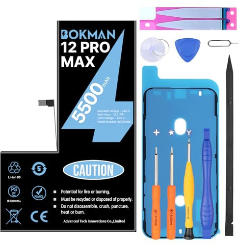 Bokman Bateria para iPhone 12 Pro MAX Alta Capacidad 5500mAh Polímero de Litio reemplazo con Todos los Kits de Herramientas y Tiras Adhesivas