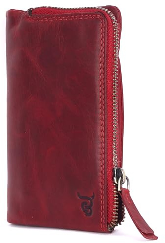 COWBURRY Damen Geldbörse Echtes Leder | Hochwertige Vintage Geldbörse mit Reißverschluss | Cow Burry CB-43 Red