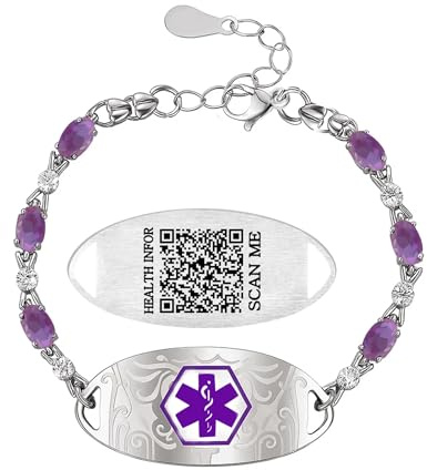 Zircobic Edelstahl-Medical-ID-Armband mit lila Zirkonia, lasergraviertem anpassbarem QR-Code-Anhänger, perfekt für Alltag, Sport und Reisen