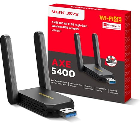 MERCUSYS MA86XH AXE5400Mbps Wi-Fi 6E High-Gain USB WiFi Adapter for PC, USB 3.0 WiFi Dongle with Speeds up to 2402 Mbps on 6 & 5GHz, Windows 10 & 11 Compatible, WPA3 Security, Streaming/Gaming