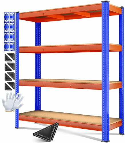 MASKO® Schwerlastregal Lagerregal Kellerregal 160x160x60cm, 1200kg belastbar 4 verstellbare Ablagen, MDF-Platten Regal aus Metall, Steckregal, Werkstattregal Stahlgestell Garage Werkbank Blau/Orange