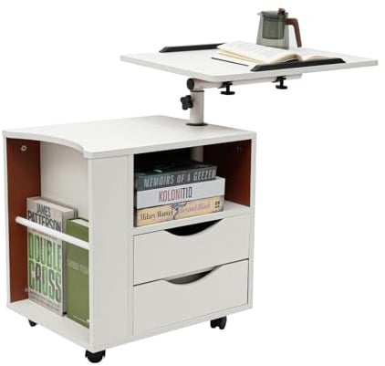 Kazafa Table de chevet multifonctionnelle, réglable en hauteur sur roulettes, avec plateau rotatif à 360° et 2 tiroirs, bibliothèque pratique avec porte-revues pour lit et canapé, blanche