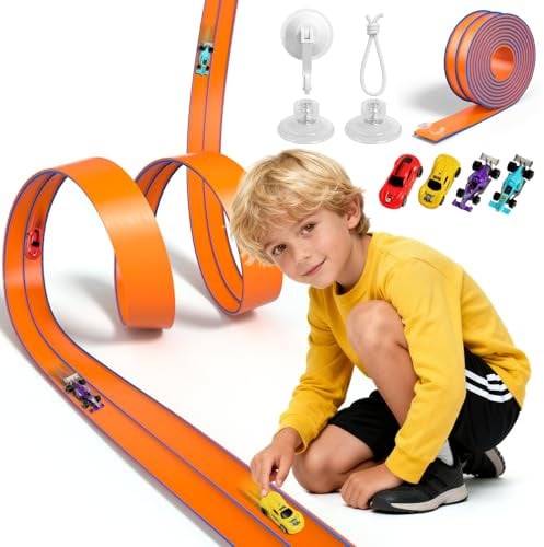 Flexible Autorennbahn Kinder ab 3 4 5 6 7+ Jahre, 4.5M Flexible Rennbahn, Rennstrecke Auto Spielzeug Geschenk, Autobahn Kinder 3 4 5 6 7+ Jahre Jungen, Aufrollbare Tragbare Dual Rennstrecke Rampen