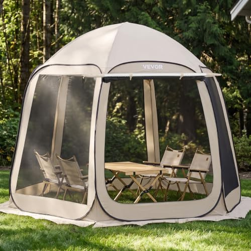 Pop Up Screen House Tent VEVOR 10 x 9.2 FT Pop-Up Screen Room with Awning, Portable Screen Tent Gazebo for 4–8 Person, Instant Screen Canopy with Carry Bag for Patio Backyard Camping