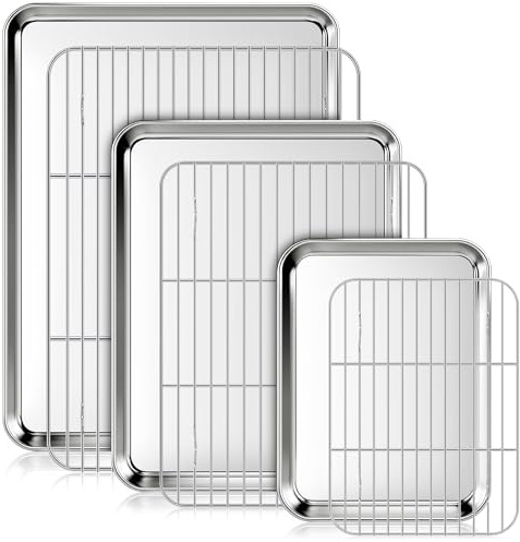 Fire More Backblech mit Abkühlgitter (3 Pfannen + 3 Gestelle), Edelstahl Backbleche Set für Backofen, Ofenblech zu Backen Braten und Leicht zu Reinigen