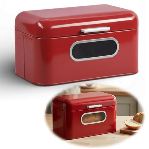 LS-LebenStil Vintage Brotkasten Rot 30x18x15cm Metall Retro Brotbox mit Deckel Griff Sichtfenster Aufbewahrungskorb Aufbewahrungsbox Nostalgie Brotkorb zum Frischhalten