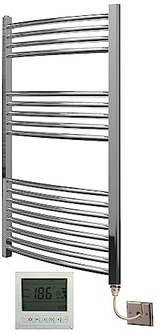 Greened House Electric Chrome 600W x 1000H Curved Towel Rail + Timer and Room Thermostat New Bathroom Towel Radiator