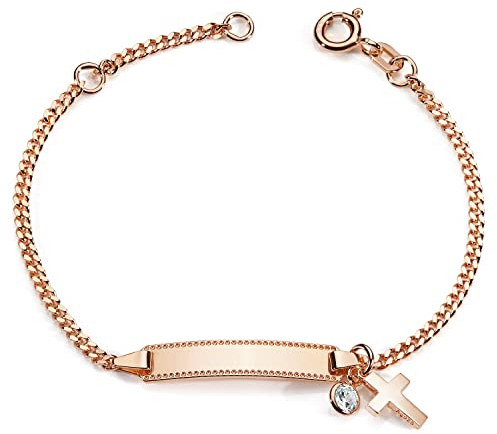 MATERIA by Matthias Wagner Kinder Armband Gravur Rosegold - 925 Silber Armkette vergoldet personalisiert mit Kreuz Anhänger 14-16cm SA-120, Schrifttyp:Schrifttyp 11