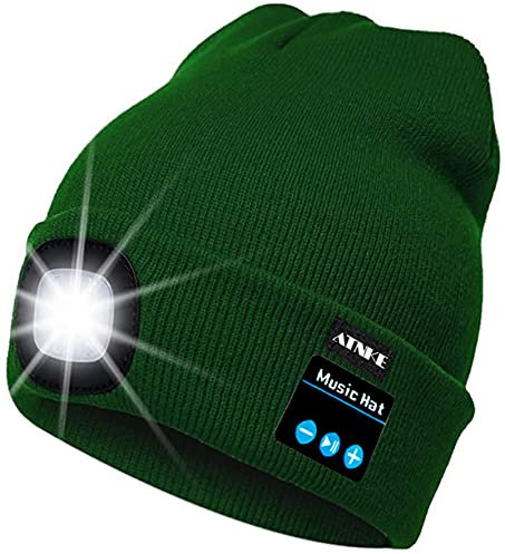 ATNKE LED beleuchtete Bluetooth-Beanie-Kappe, wiederaufladbare USB-Musikalische Laufmütze mit extrem hellem 4-LED-Licht wasserdichte Lampe für das Skifahren Wandern Camping Radfahren/Green