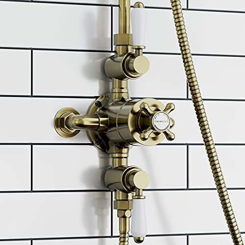 ENKI, Downton, T92, Double Shower Unit Outlet, Triple Thermostatic Shower Valve, Antique Brass Shower Tap Attachment for Bathroom Shower, Classic Shower Valve Style