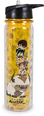 Surreal Entertainment Avatar The Last Airbender Chibi Characters Wasserflasche, BPA-freie Kunststoffflasche mit Schraubverschluss und aufklappbarem Strohhalm-Deckel, Sport-Trinkhalm, Fassungsvermögen