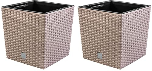 Lot de 2 pots de fleurs en rotin - 7 l - 17 x 17 x 32,5 cm - Avec insert - En plastique - Moka