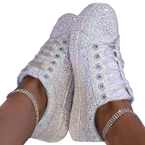 Minetom Sneakers Damen Pailletten Flache Sneaker Atmungsaktiv Glitzer Turnschuhe Outdoor Sportschuhe Laufschuhe Schuhe Schnürsenkel Walkingschuhe A Weiß 37 EU