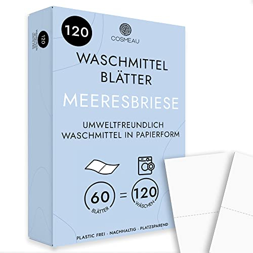 Cosmeau Waschmittel Blätter Meeresbriese - bis zu 120 Waschgänge (120 Blätter) - Nachhaltiges Waschmittel für Weiß, Farbe und Schwarz - Plastikfrei, Abbaubar & Perfektes Reisewaschmittel