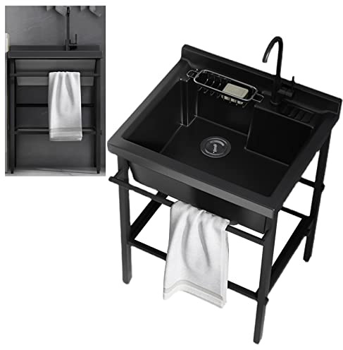 Freistehende Küchenspüle,Keramik Schwarz Waschbecken,Kommerziell Spühlbecken Mit Wasserhahn,waschbecken for Garten Küche Wäscherei Hinterhof Garage Keller ( Color : Hot and cold faucet , Size : 40x51.