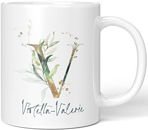 JUNIWORDS Tasse, Violetta-Valerie, Name Anfangsbuchstabe Initial Alphabet Floral Buchstabe V Monogramm Motiv, Weiß (5487400)