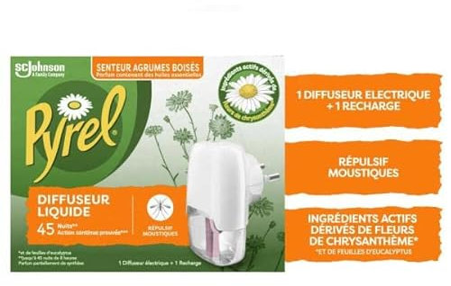 Pyrel Diffuseur Liquide Repulsif Moustiques Agrumes Boises 45 Nuits 32Ml