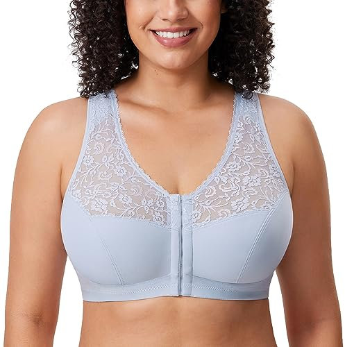 DELIMIRA Women's Front Fastening Bras Lace Wireless Plus Size Full Coverage Racerback Support Bra Opal Gray 40D