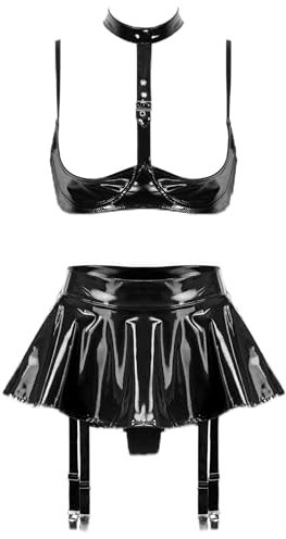 Nyeemya Damen Sexy Ouvert BH Aushöhl Top Oberteil und Mini Skater Rock mit Strumpfbänder Lack Leder Optik Zweiteiler Outfits D Schwarz 4XL