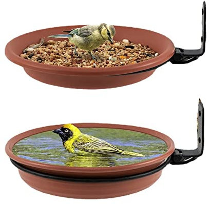2/3 Bird Trays Tree Mounted for Bird Feeder Bird Bath Bowl- Hanging Bird Feeders with Heavy Duty Sturdy Steel Ring,Installed on Wooden Fence Wall Tree Deck Stakes, Easy Clean (2 Pot and 2 Bracket)