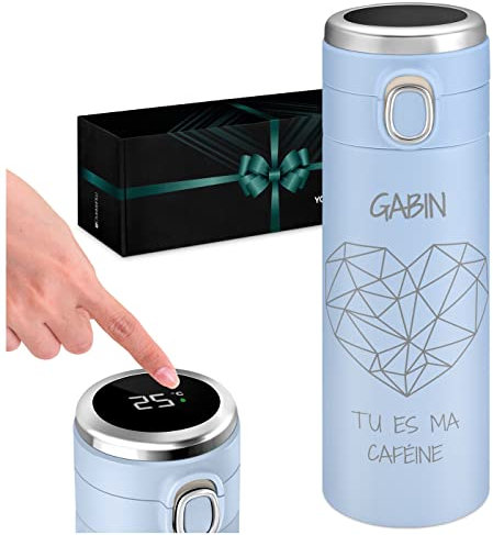 Maverton Mug Isotherme à personnaliser pour homme - 0,4l Bouteille isotherme avec Afficheur de température LED - Thermos à emporter gravé - pour papa - ami - anniversaire - coeur