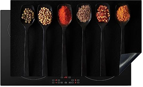 KitchenYeah© Herdabdeckplatte Einteilig Induktionsmatte Küche Abdeckung Ceranfeld Herd Abdeckplatte Deko Vinyl Matte Aufrollbar Löffel - Gewürze - Schwarz - Kräuter - Rustikal - 91.2x52 cm