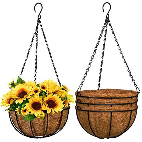 GXF Hängende Pflanzkörbe, 3 Packungen, 33 cm, Metall-Hängekörbe mit Kokosfaser-Auskleidung und schwarzer Kette für Veranda, Topfaufhänger, Gartendekoration, Innen- und Außenbereich,