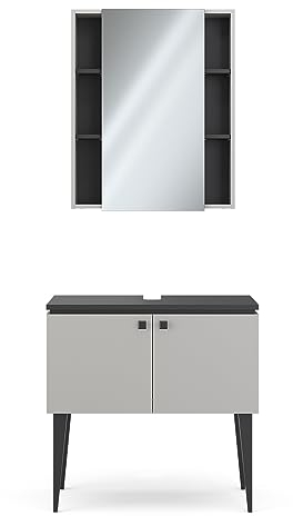 Vicco Badmöbel-Set Grau Gerta, bestehend aus Spiegelschrank, Waschtischunterschrank - Harmonische Farb- und Materialkombinationen