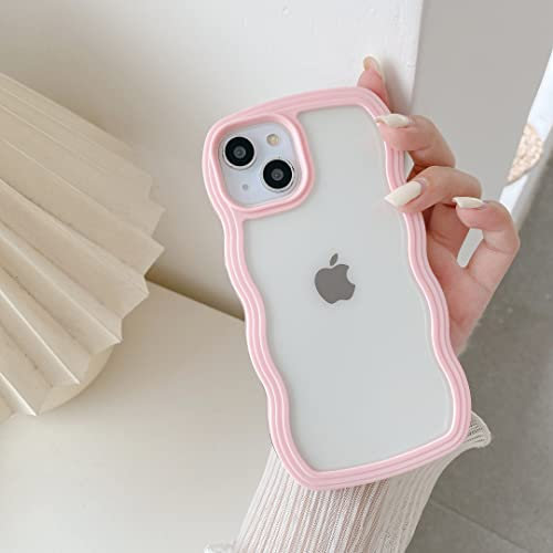 QLTYPRI Compatible with iPhone 15 Plus Case, Cute Curly Wave Frame Clear Case for Girls Women, Transparent Soft Silicone TPU Bumper Shockproof Protective Phone Cover for iPhone 15 Plus - Pink