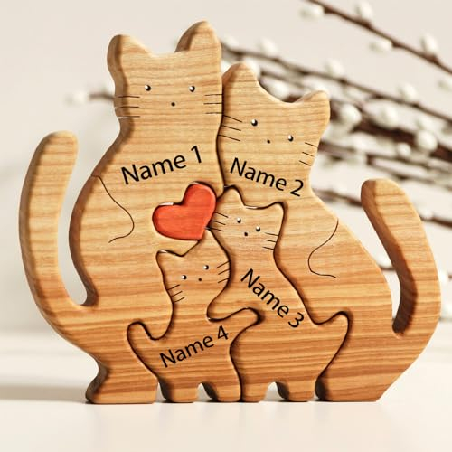 Personalized Cat Family Wooden Art Puzzle, 2-6 Names Custom Wood Carvings Family Puzzle Gift, Desktop Ornament Home Table Decoration for Family Keepsake Gifts