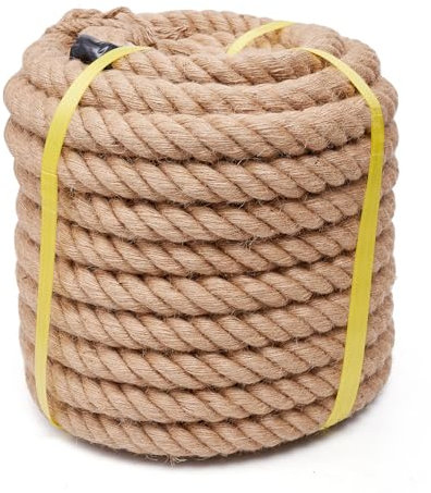 Juteseil, strapazierfähig, 5,1 cm, 7,6 m, natürliches Hanfseil, gedrehtes Hanfseil für Handwerk, Gartenarbeit, Bündeln, Klettern, Hängematte, nautisches Seil, Tauziehen, Geländer, Heimdekoration (5,1