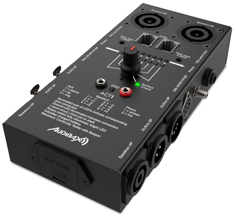 Audibax ACT1 - Testeur de Câbles Multiconnexions - TRS 1/4'', XLR Symétrique, Phono/RCA, Fiche Banane, Speakon, GND, CAT5 et DIN Testeur de Câbles - LED de Test Indicatives pour des Tests Précis