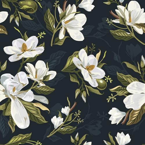 VaryFloral Black Floral Wallpaper Blooming Gardenia White Large Flower Wallpaper Peel and Stick 24x118 Decorative Floral Dark Contact Paper for Cabinets Removable Walls Paper for Bedroom Living Room