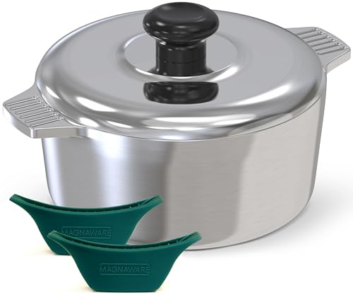 Magnaware Cast Aluminum Dutch Oven 3 Quart - Cast Aluminum Cookware with Silicone Covers for Easy Handling - Even Heat Distribution and Retention - Dutch Oven for Bread Baking, Simmering, and More