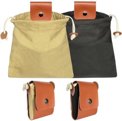MUCHER Bushcraft Tasche aus Canvas Faltbare Canvas PU Leder Foraging Pouch mit Kordelzug und Schnalle Mushroom Foraging Gürteltasche Bushcraft Bag für Camping, Wandern, Ernten, Sammeln (Schwarz&Beige)