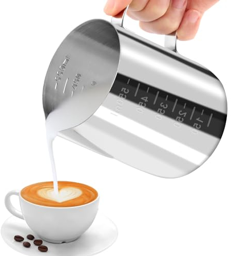 JOPHEK Milchkännchen, Handheld Edelstahl Aufschäumkännchen, Kaffee Creamer Milch Aufschäumer Kännchen Tasse mit Messung Mark, Milchkännchen Perfekt für Barista Cappuccino Espresso Latte (600ml)