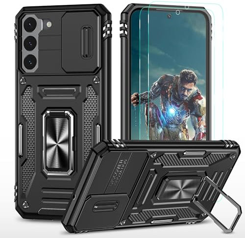 YmhxcY Hülle Für Samsung Galaxy S22 Hülle,*2 Displayschutzfolie,Slide Camera Cover, Militär Grade Schutzhülle, 360°Drehen Metallständer,Für Samsung Galaxy S22 Hülle-Schwarz