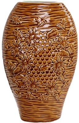 Ceramic Golden Bees Vase 31cm Crackle Glazed Wide Floral Honeycomb Flower Decoration