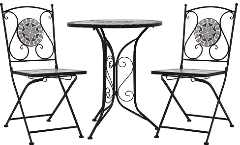 3-teiliges Mosaik-Bistro-Set, Keramikfliesen in Grau, kleines Tisch- und Stuhlset, Tisch und Stühle mit hoher Rückenlehne, Möbelset für drinnen und draußen als Dekoration für Garten, Terrasse, Balko