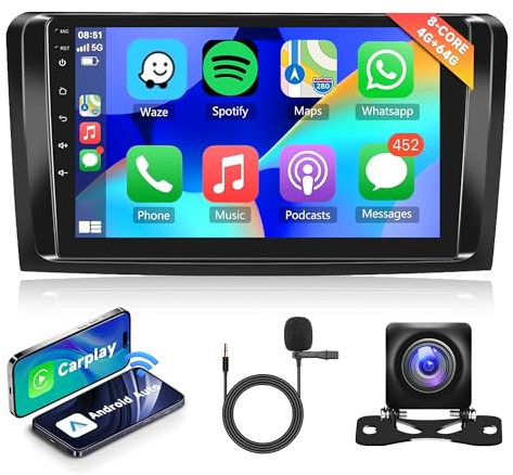 4G+64G Wireless Carplay Android 13 Autoradio 2 Din für Mercedes Benz ML GL W164 ML350 ML500 GL320 X164 ML280 GL350 GL450 9 Zoll Autoradio mit Android Auto Navi GPS WIFI Bluetooth FM/RDS Rückfahrkamera