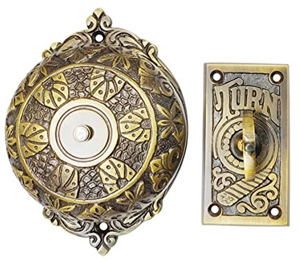 Akatva Campanello girevole vintage con piastra chiave albero più lungo - Campanello girevole vittoriano con albero personalizzato - campanello meccanico per la casa - Campanello di chiamata in ottone