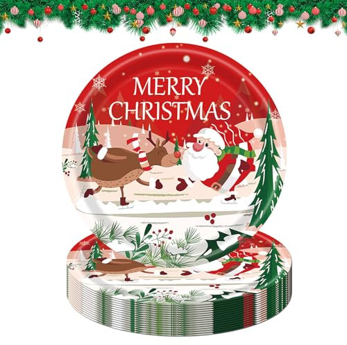 DiiWmme 16 Pz Piatti di Carta per Feste di Natale 9 Pollici Rosso Babbo Natale Alce Piatto di Carta Festa di Natale Stoviglie per Feste di Natale forniture Decorazioni per la Tavola (A)