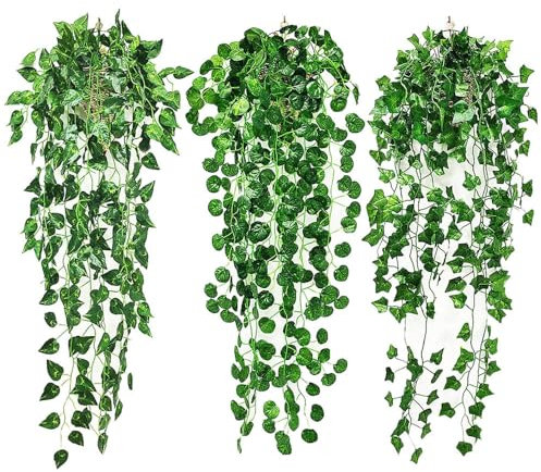 3 Stück Künstliche Hängepflanzen Kunstpflanze Hängend 95cm Wartungsfreie Künstliche Pflanzen Rebe Grünpflanze, Plastikpflanzen für Indoor Outdoor Garten Wanddekoration