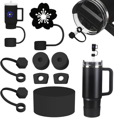 ROMANVIC Stanley Cup Zubehör: 4 Auslaufsichere Silikonstopfen, 4 Strohhalm-Abdeckungen, 1 Bodenschutz für 1,2 L und 850 ML Becher (Schwarz)