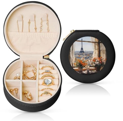 Schöne runde Reise-Schmuckschatulle aus Leder, für Mädchen, Damen, Schwarz