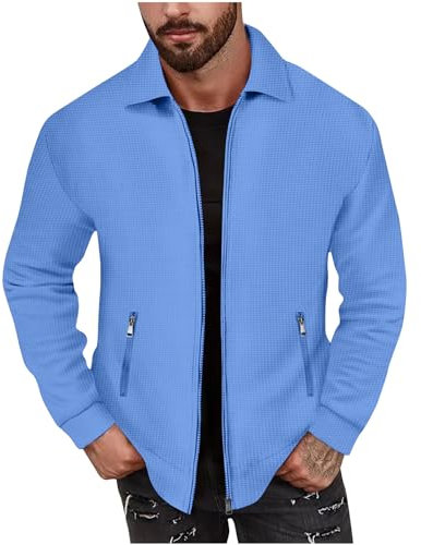 Generisch Jacke Herren Frühling Übergangsjacke Revers Waffel Karo Langarm Freizeitjacke mit Brusttasche und Reißverschluss Solid Color Hemdjacken Herren Sale Blau S